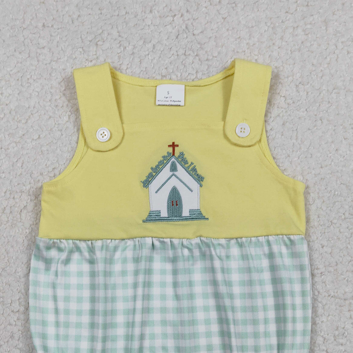 RTS SR3703 Embroidery Church Cross Baby Boys Sleeveless Checked Rompers