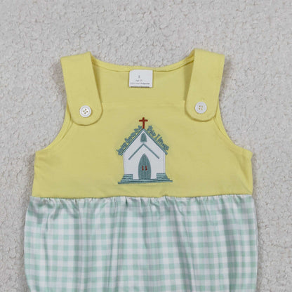 RTS SR3703 Embroidery Church Cross Baby Boys Sleeveless Checked Rompers