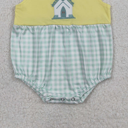 RTS SR3703 Embroidery Church Cross Baby Boys Sleeveless Checked Rompers