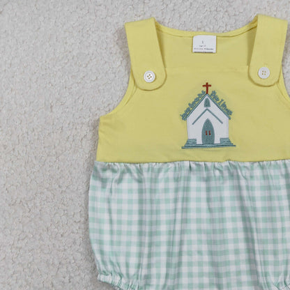 RTS SR3703 Embroidery Church Cross Baby Boys Sleeveless Checked Rompers