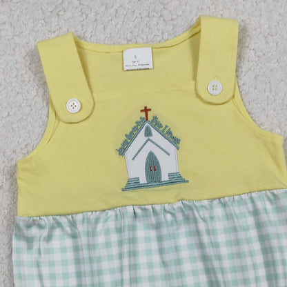RTS SR3703 Embroidery Church Cross Baby Boys Sleeveless Checked Rompers