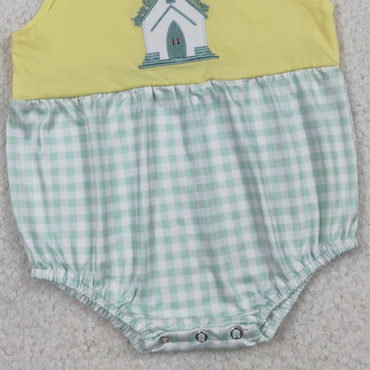 RTS SR3703 Embroidery Church Cross Baby Boys Sleeveless Checked Rompers