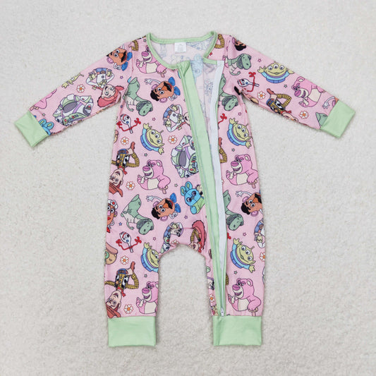 LR0970 Bamboo Boys cartoon Pink green zipper long sleeve onesie