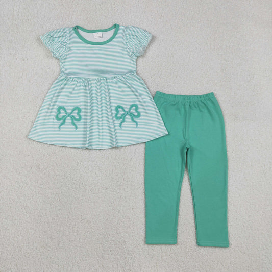 GSPO2151 Embroidery Bows Baby Girls Aqua Stripe Tunic Leggings Pant Clothes Set C12.4