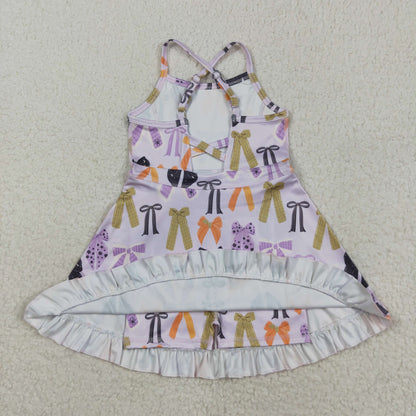 GSD2737 Baby Girls Lavender Strap Bows Plaid Shorts Yoga Knee Length Dress 8.4