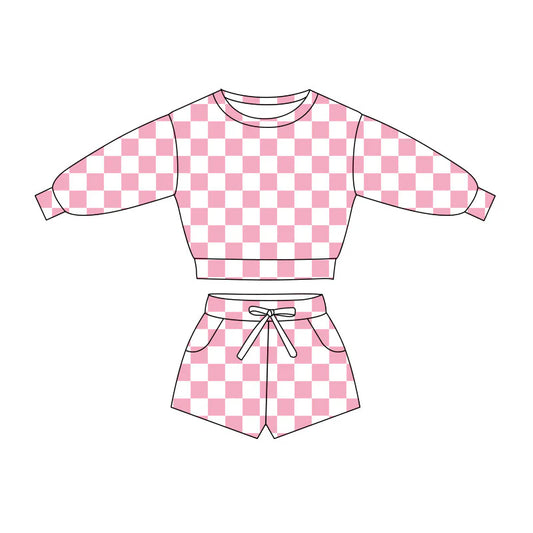 C11.21 Custom Moq 8 Baby Girls Light Pink Checked Long Sleeve Pockets Shorts Clothes Sets