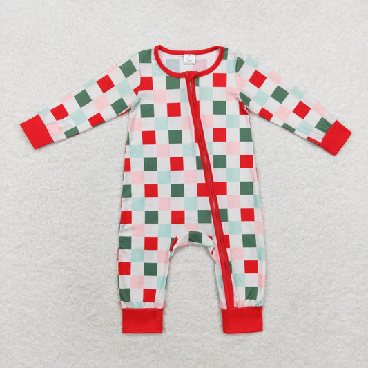 LR1197 Bamboo Christmas colorful plaid zipper long sleeve onesie