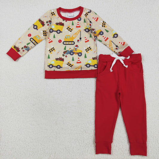 BLP1073 Baby Boys Red Long Sleeves Excavators Hats Top Pockets Legging Pant Set 7.16