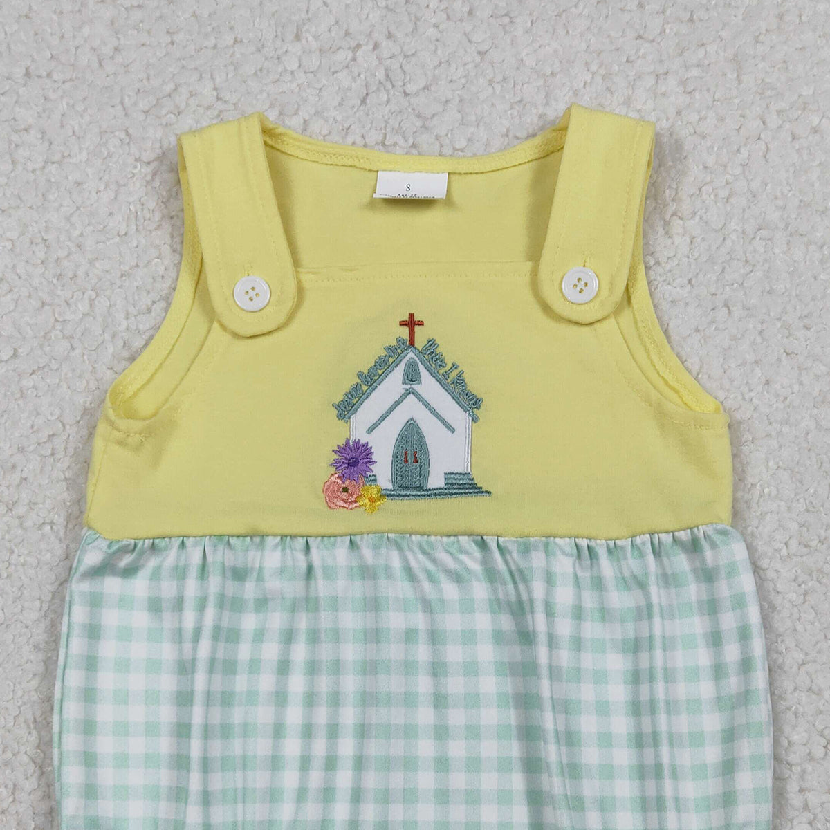 RTS SR3704 Embroidery Church Cross Flowers Baby Girls Checked Ruffle Rompers