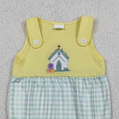 RTS SR3704 Embroidery Church Cross Flowers Baby Girls Checked Ruffle Rompers