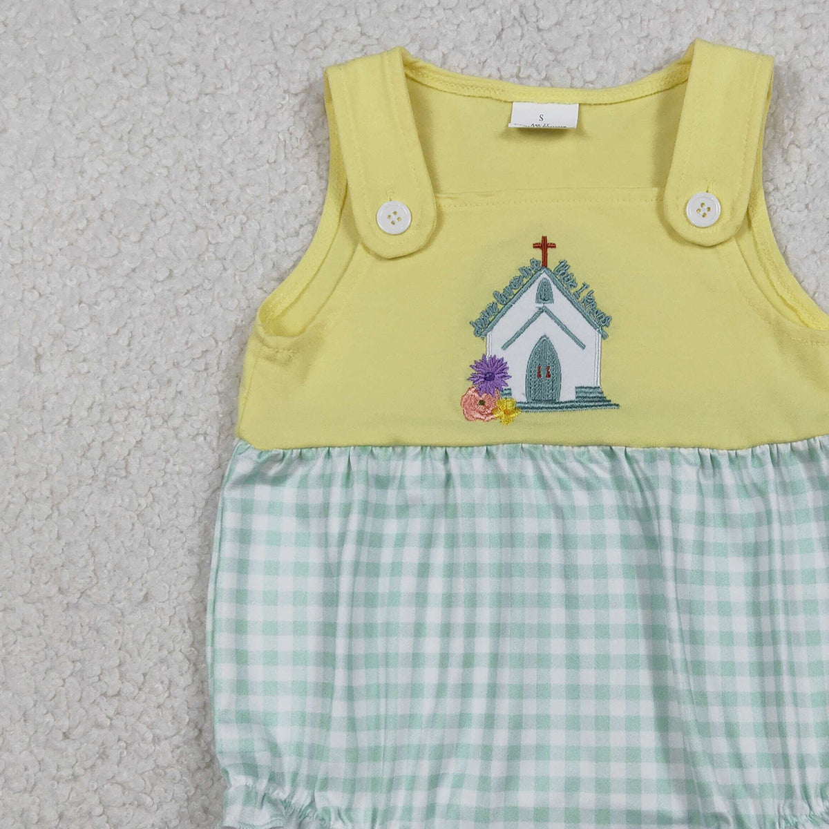RTS SR3704 Embroidery Church Cross Flowers Baby Girls Checked Ruffle Rompers