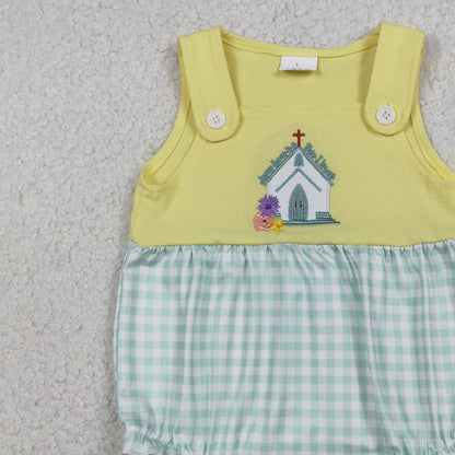 RTS SR3704 Embroidery Church Cross Flowers Baby Girls Checked Ruffle Rompers