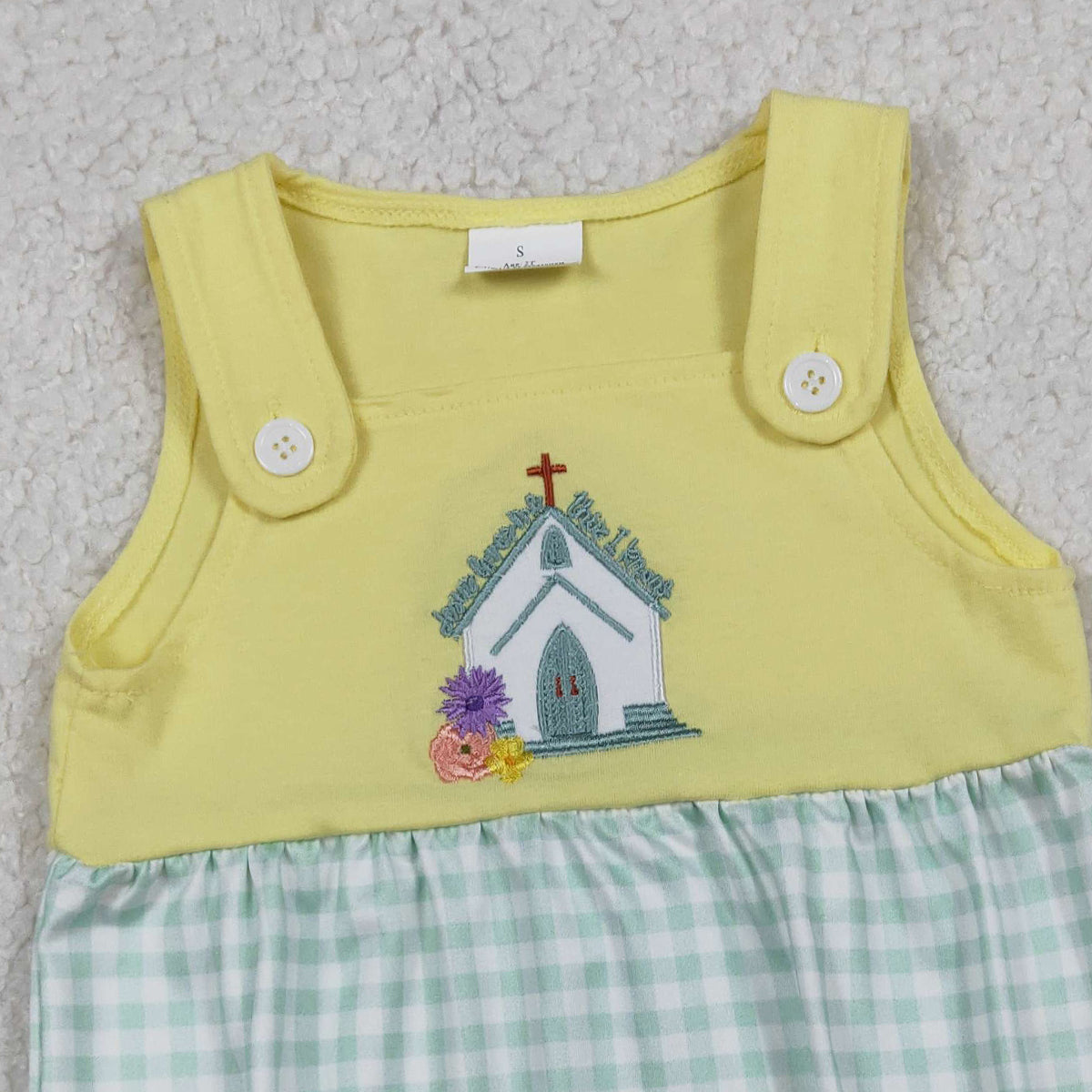 RTS SR3704 Embroidery Church Cross Flowers Baby Girls Checked Ruffle Rompers