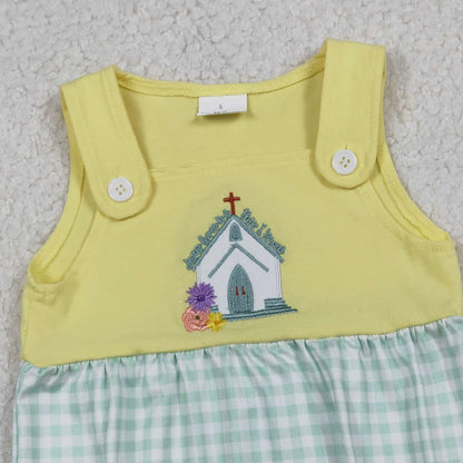 RTS SR3704 Embroidery Church Cross Flowers Baby Girls Checked Ruffle Rompers