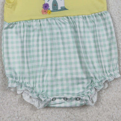 RTS SR3704 Embroidery Church Cross Flowers Baby Girls Checked Ruffle Rompers