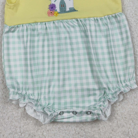 RTS SR3704 Embroidery Church Cross Flowers Baby Girls Checked Ruffle Rompers