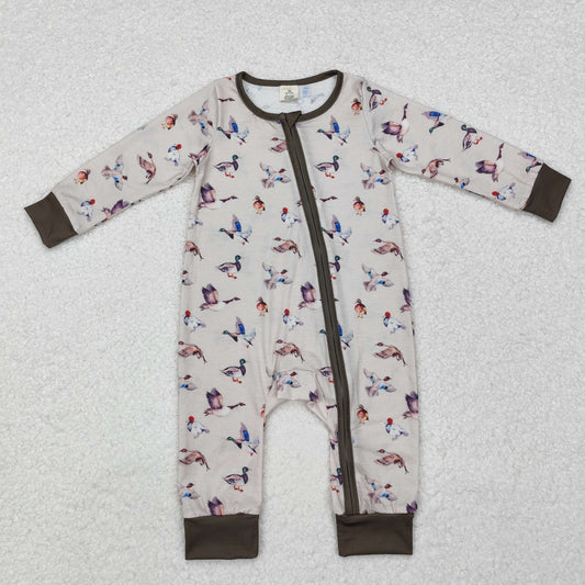 LR1880 Baby Infant Boys Grey Fall Ducks Hunting Bamboo Zip Romper