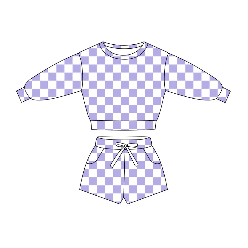 C11.21 Custom Moq 8 Baby Girls Lavender Checked Long Sleeve Pockets Shorts Clothes Sets
