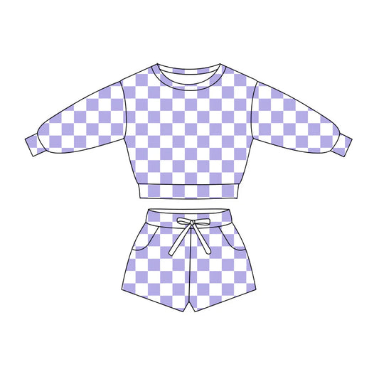 C11.21 Custom Moq 8 Baby Girls Lavender Checked Long Sleeve Pockets Shorts Clothes Sets