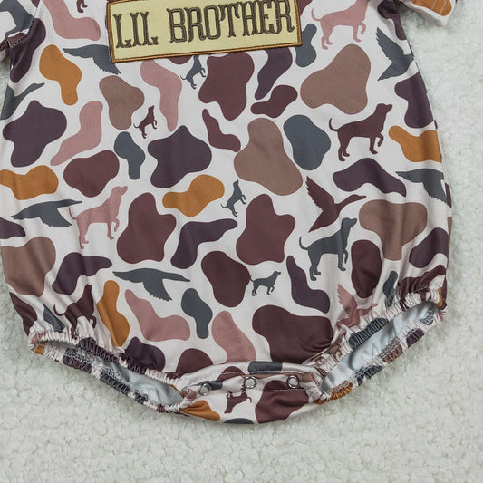 RTS SR3865 Embroidery LIL Brother Baby Boys Hunting Dog Ducks Camo Rompers