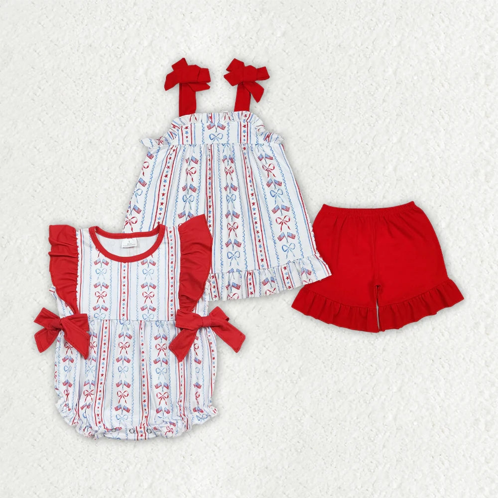 Sibling Baby Girls 4th Of July Flag Bows Rompers Outfits Sets 5.14