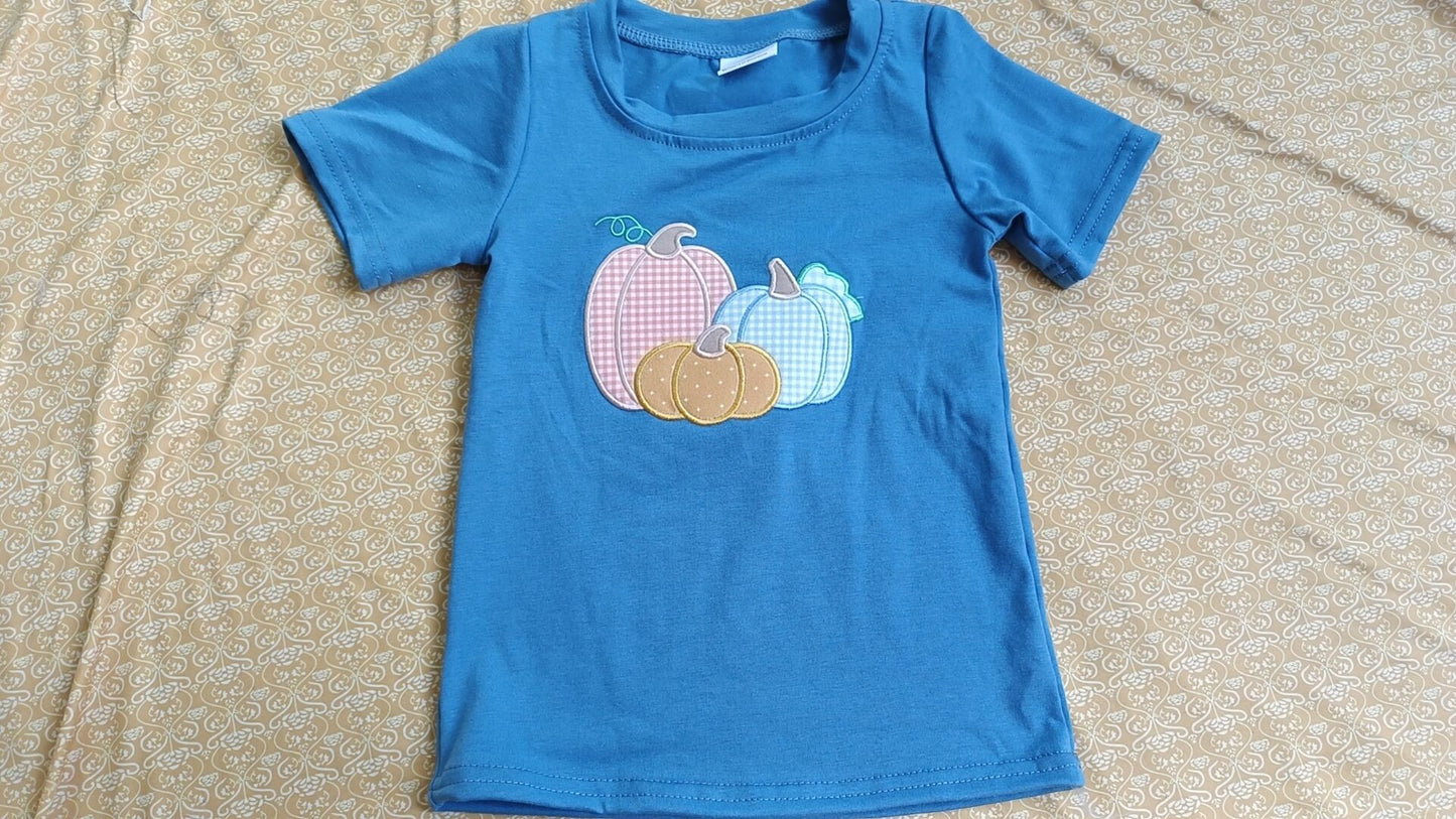 BT0824 Boy Embroidered plaid pumpkin blue short-sleeved top