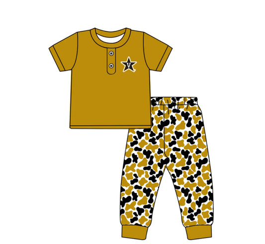 C11.27 Custom Moq 8 Baby Boys Gold V Stars Button Top Camo Pants Team Clothes Sets