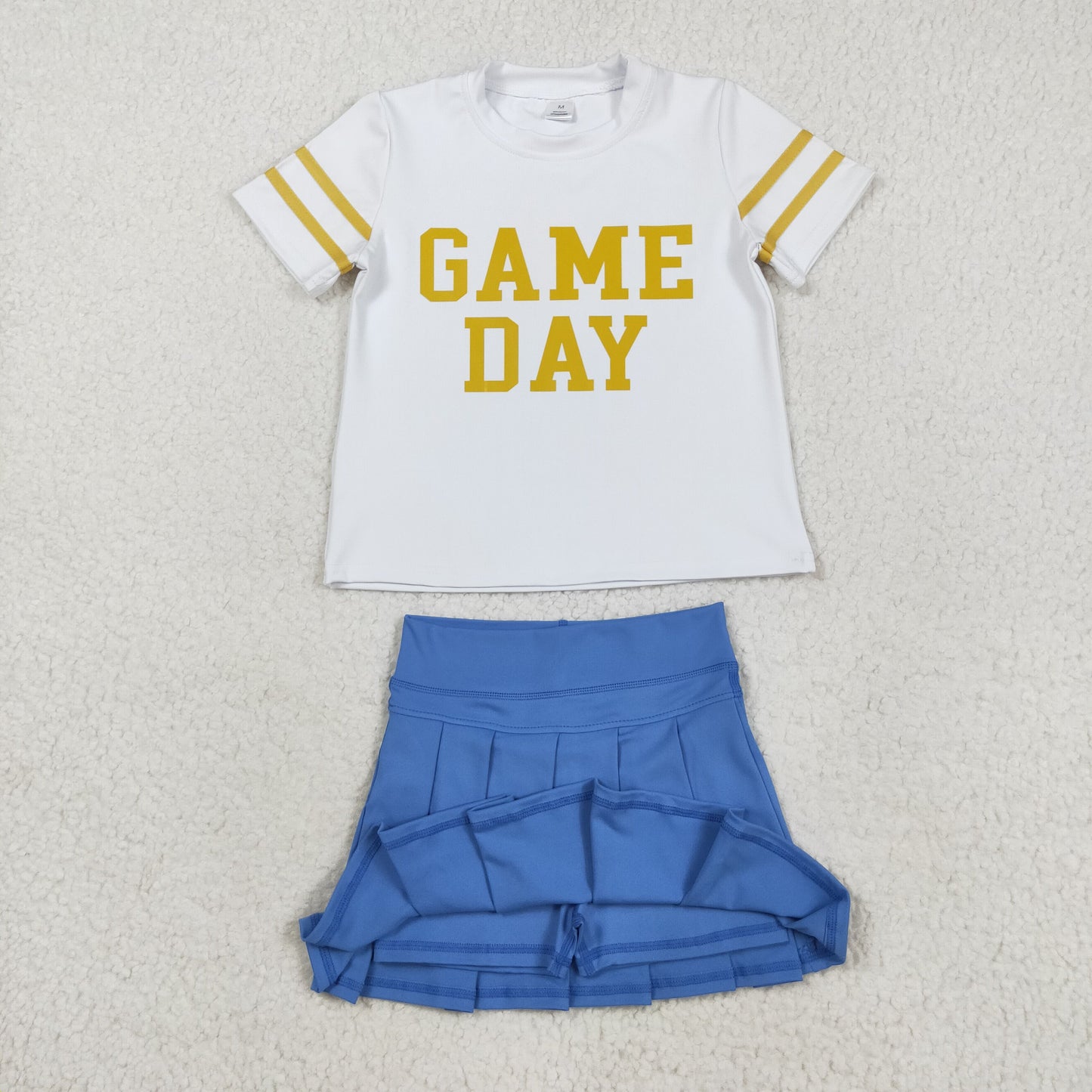 GT1101+GLK0084 Baby Girls Vinyl Gold Game Day Top Blue Pleated Skorts Yoga Active Team Set C8.23