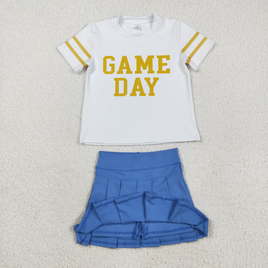 GT1101+GLK0084 Baby Girls Vinyl Gold Game Day Top Blue Pleated Skorts Yoga Active Team Set C8.23