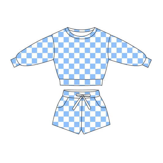 C11.21 Custom Moq 8 Baby Girls Blue Checked Long Sleeve Pockets Shorts Clothes Sets