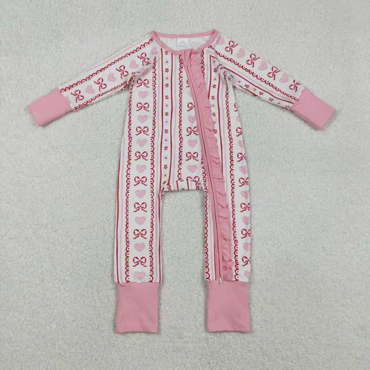 Sibling Baby Girls Pink Hearts Bows Stripes Valentines Pajamas Sets Ruffle Zipper Rompers C11.18