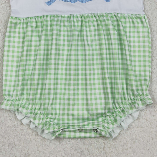 RTS SR3725 Embroidery Bows Strawberry Baby Girls Green Checked Ruffle Rompers