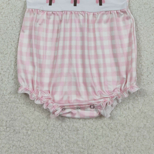 RTS SR3756 Embroidery Crosses Baby Girls Pink Checked Easter Collar Ruffle Rompers