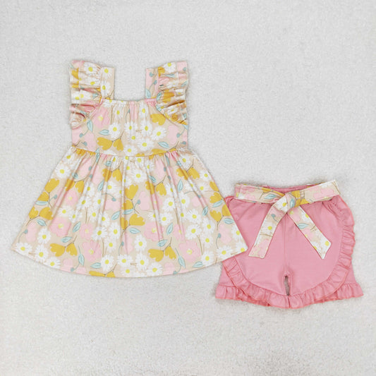 GSSO1254 Floral tan yellow flying sleeves pink lace shorts set