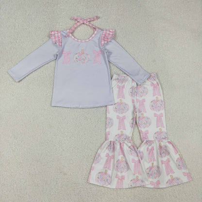 GLP2532 Baby Girls Long Sleeves Bows Pumpkins Tunic Bell Bottom Pant Set C10.8