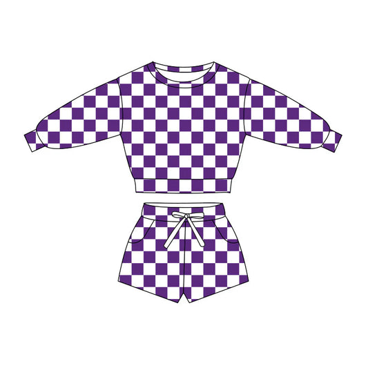 C11.21 Custom Moq 8 Baby Girls Purple Checked Long Sleeve Pockets Shorts Clothes Sets
