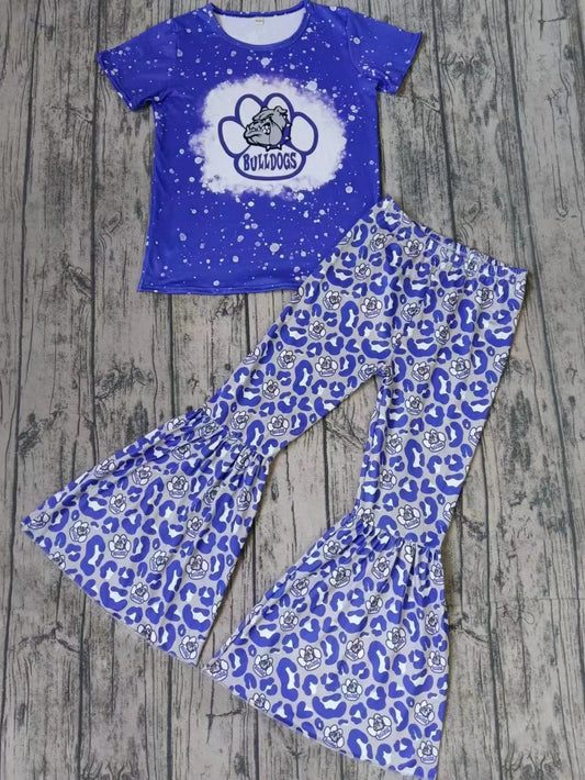 Baby Girls Blue Bulldogs Teams Top Leopard Bell Pants Clothes Sets Preorder(moq 3)