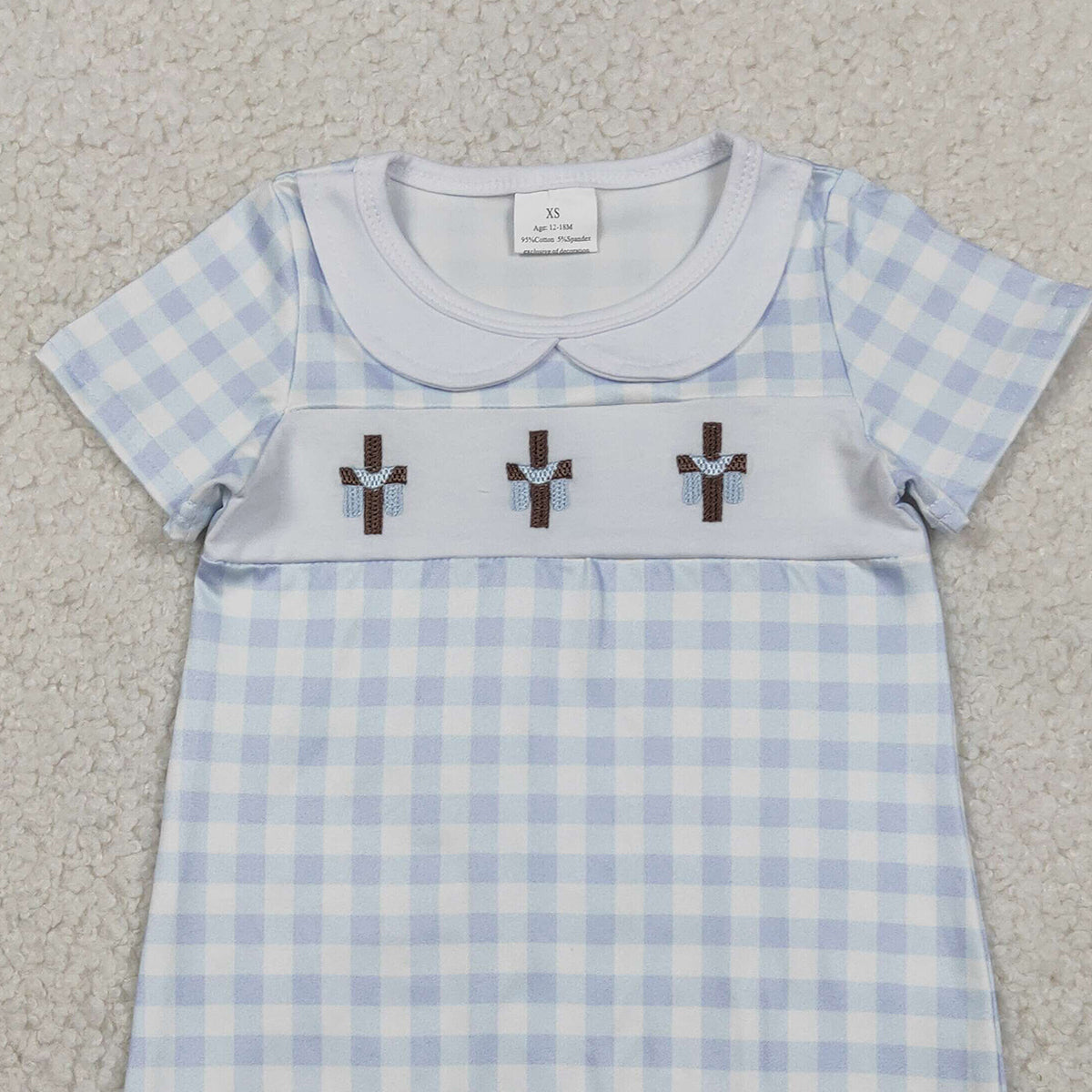 RTS SR3758 Embroidery Crosses Baby Boys Blue Checked Easter Collar Rompers