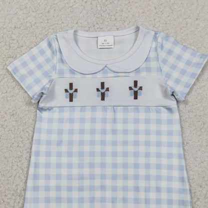 RTS SR3758 Embroidery Crosses Baby Boys Blue Checked Easter Collar Rompers