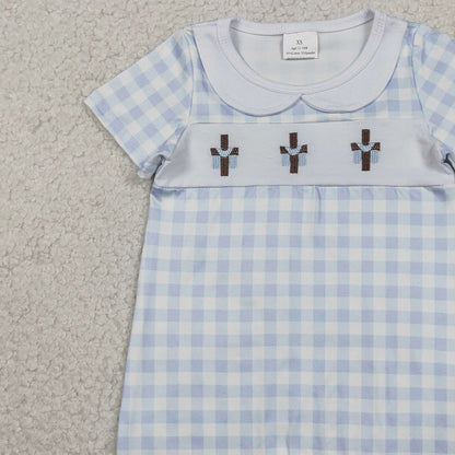 RTS SR3758 Embroidery Crosses Baby Boys Blue Checked Easter Collar Rompers