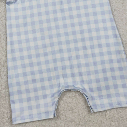 RTS SR3758 Embroidery Crosses Baby Boys Blue Checked Easter Collar Rompers