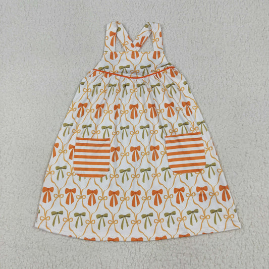 GSD2676 Baby Girls Straps Orange Bows Pockets Knee Length Dress 7.7