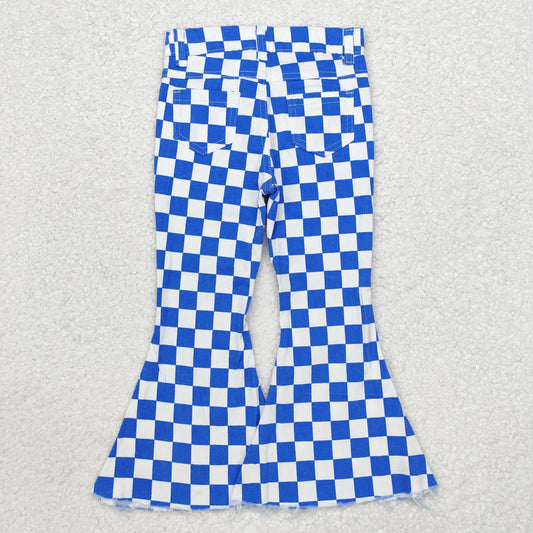 P0610 Baby Girls Blue Checkered Fall Bell Flare Denim Pants