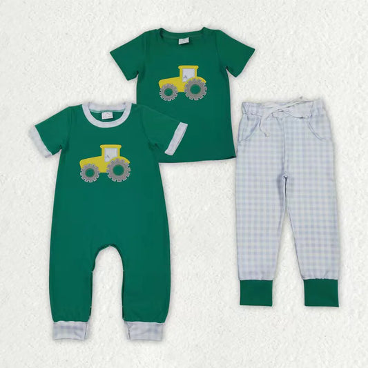 Sibling Baby Boys Green Embroidery Trucks Checked Pockets Pants Farm Set Footie Rompers C12.2