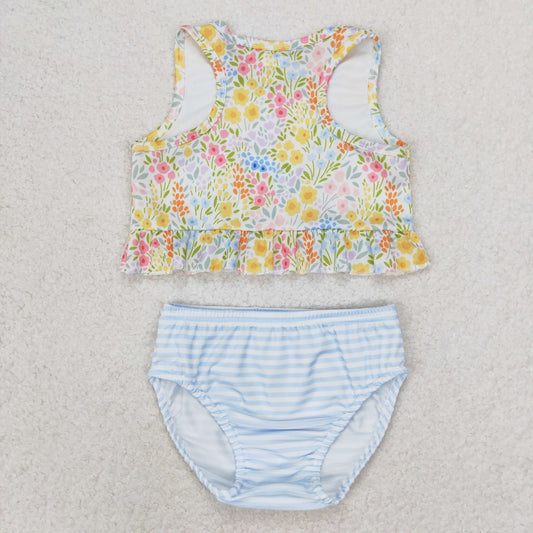 S0414 Floral floral blue striped swimsuit