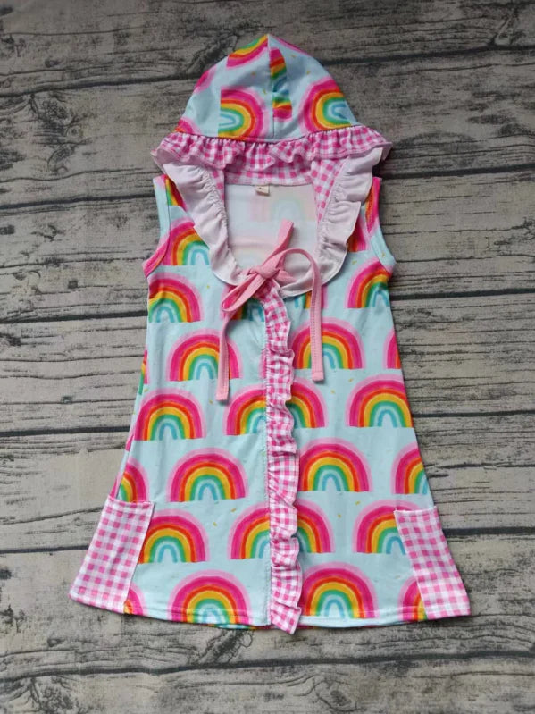 4.14 Custom Baby Girls Sleeveless Rainbows Zipper Pockets Hoodies Knee Length Dress(MOQ 3)