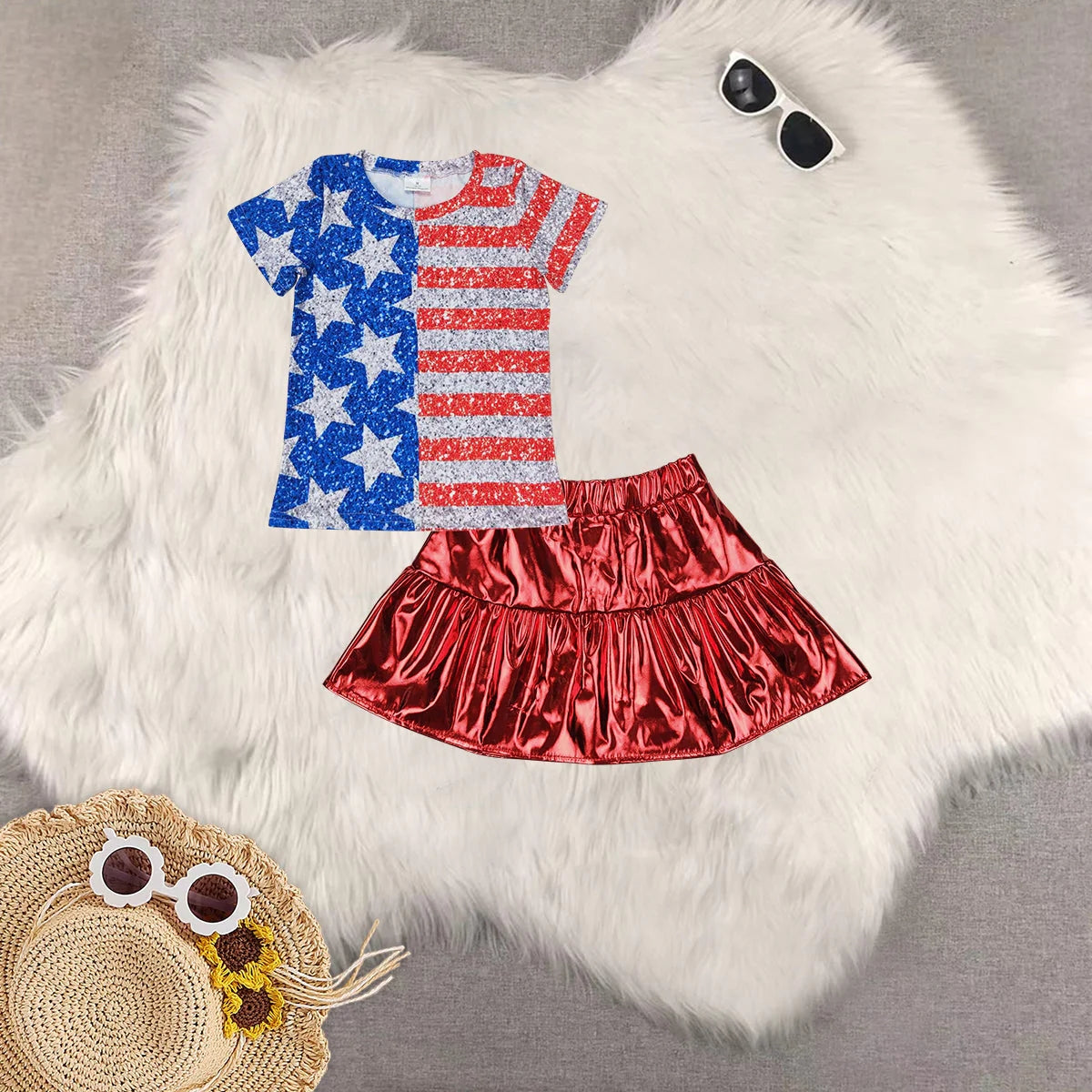 Sibling Baby Girls Short Sleeves Cow Stars Top Red Leather Skirts Western 4th Of July Sets 4.24