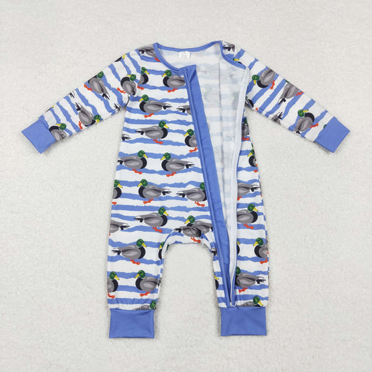 LR1645 Baby Infant Boys Fall Stripes Ducks Bamboo Zip Romper