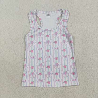 GT1014 Baby Girls Sleeveless Lavender Bows Flowers Stripe Yoga Shirts Top 7.17