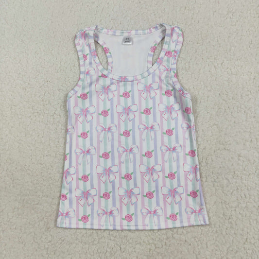 GT1014 Baby Girls Sleeveless Lavender Bows Flowers Stripe Yoga Shirts Top 7.17